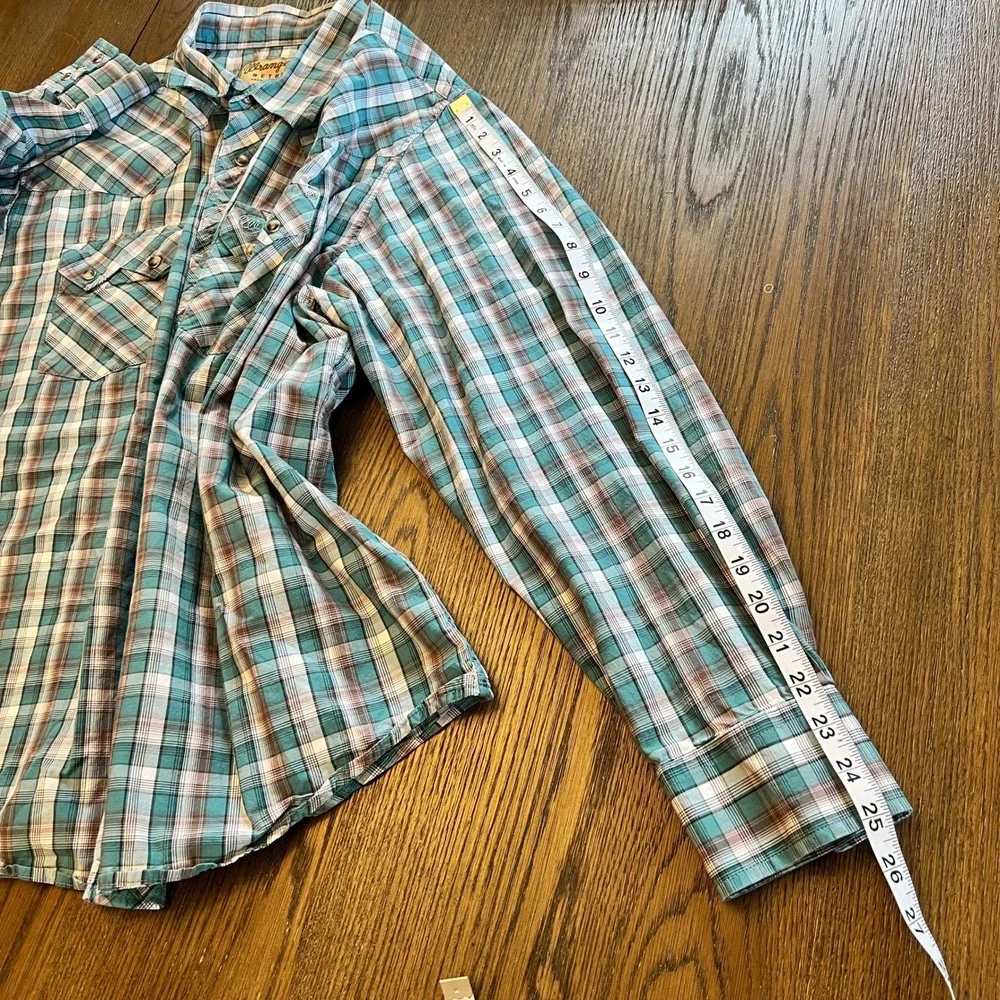 Wrangler Retro Western Shirt Cotton Blend Plaid Teal Brown XXL Regular Fit